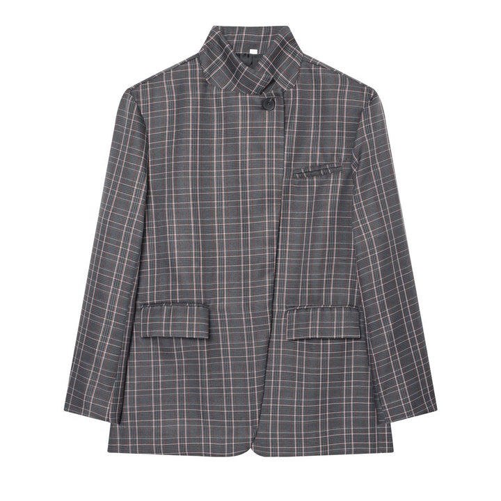 Women Checked Long Blazer with Stand Collar, Concealed Button Placket and Flap Pockets Mune Fashion
