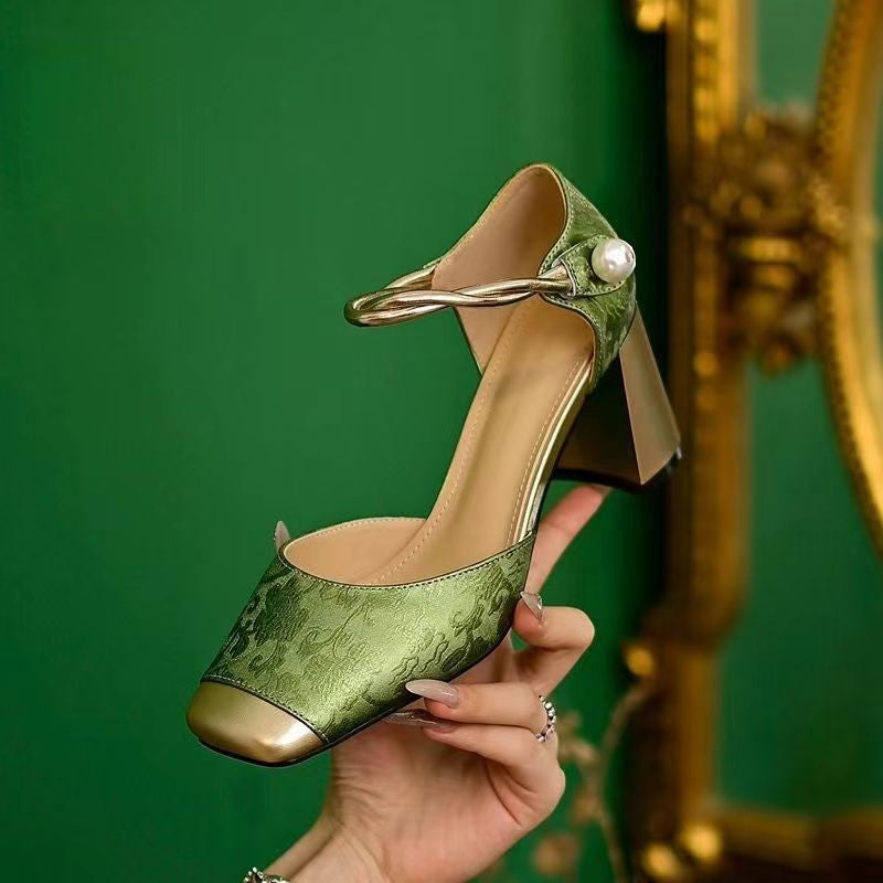 Women's elegant slingback pumps with square toe shape, jacquard upper material and twisted decorative strap Mune Fashion