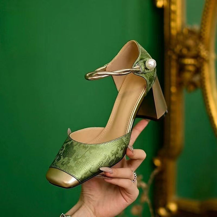 Women's elegant slingback pumps with square toe shape, jacquard upper material and twisted decorative strap Mune Fashion