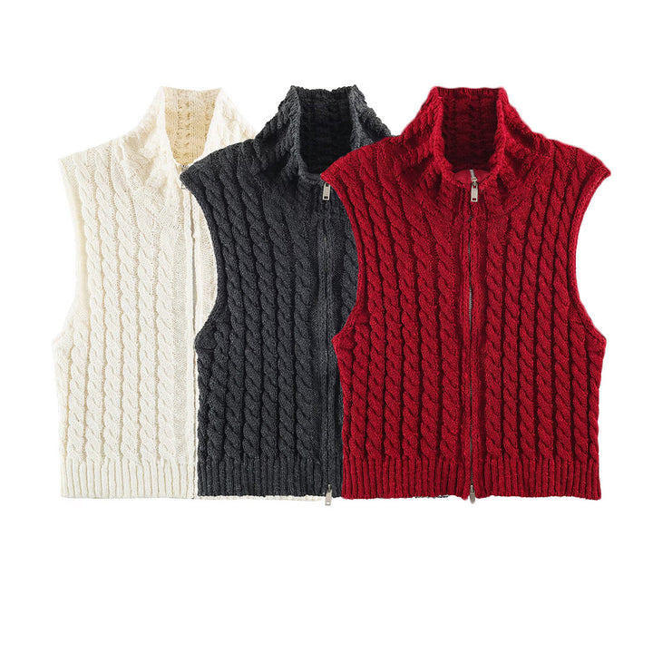 Women Sleeveless Cable Knit Vest with Stand-Up Collar and Full Zipper Mune Fashion