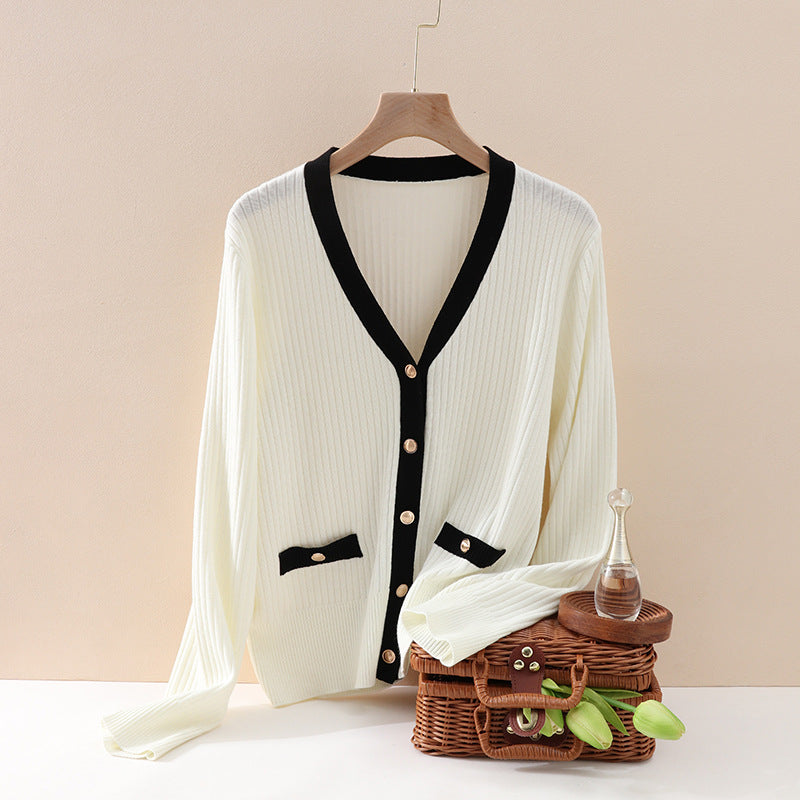 Women’s marine-inspired ribbed knit cardigan with polo collar and decorative button placket Mune Fashion