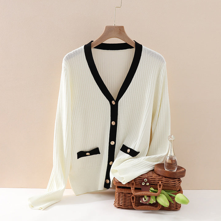 Women’s marine-inspired ribbed knit cardigan with polo collar and decorative button placket Mune Fashion