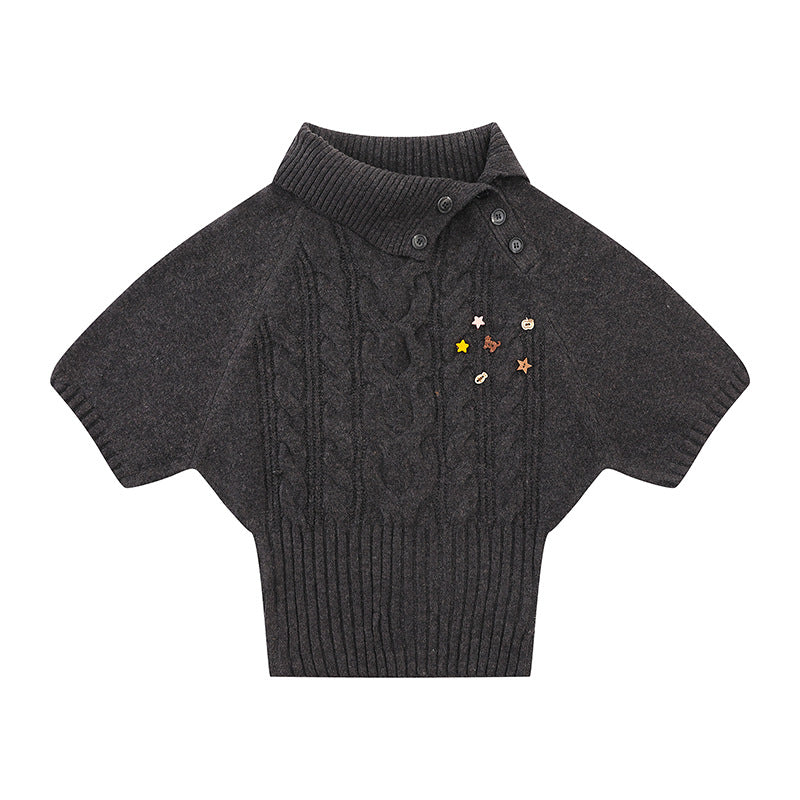 Women's Short-Sleeved Cable Knit Sweater Top with Stand Collar and Button Placket Mune Fashion