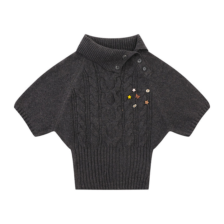 Women's Short-Sleeved Cable Knit Sweater Top with Stand Collar and Button Placket Mune Fashion