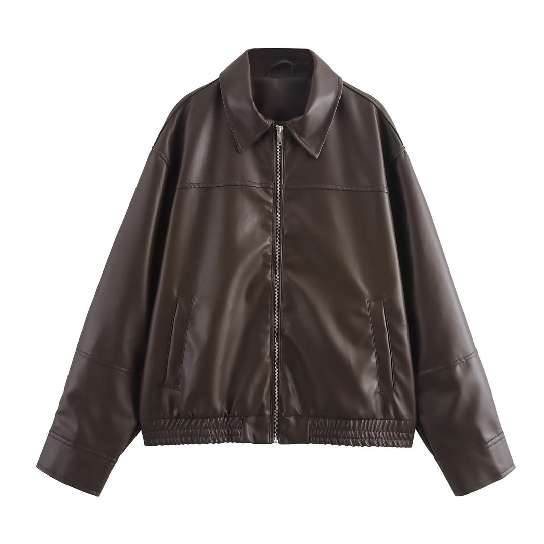 Men's oversized faux leather bomber jacket with shirt collar, full zip, side pockets, and elastic hem Mune Fashion