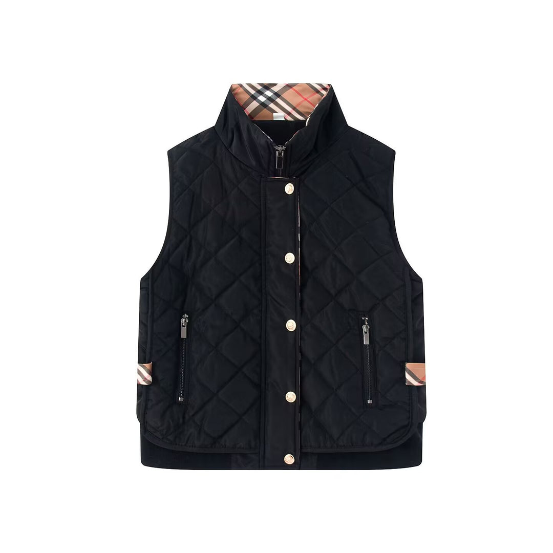 Women's quilted vest with stand-up collar, zippered pockets, and checked lining Mune Fashion