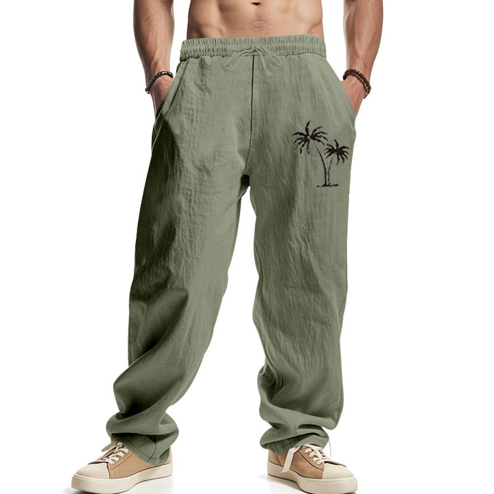 Men's Lightweight Linen-Look Casual Pants with Elastic Waistband, Drawstring & Palm Embroidery Mune Fashion