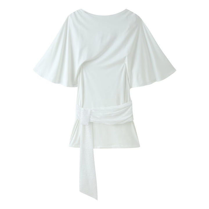 Women's flowing blouse top with cape sleeves and decorative waist scarf Mune Fashion