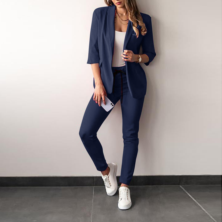 Ladies Longline Blazer and Slim Jogger Set with Three-Quarter Sleeves and Drawstring Waist Mune Fashion