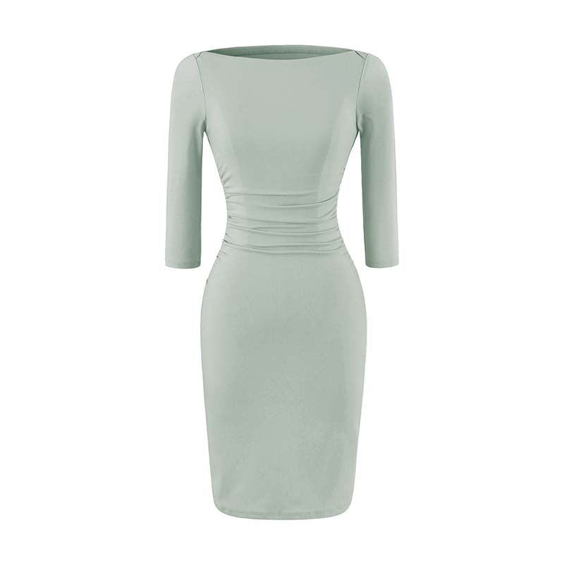 Women’s Fitted Midi Dress with Boat Neck, Three-Quarter Sleeves and Gathered Waist