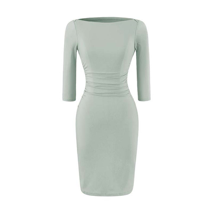 Women’s Fitted Midi Dress with Boat Neck, Three-Quarter Sleeves and Gathered Waist