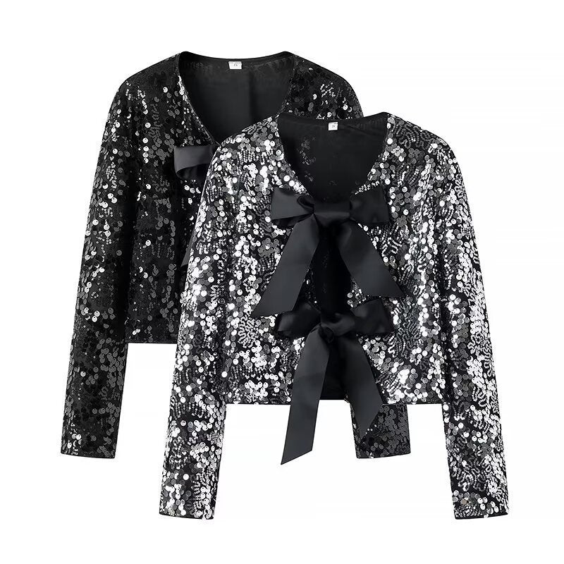 Women’s Short Jacket with Sequin Trim and Decorative Bow Front Mune Fashion