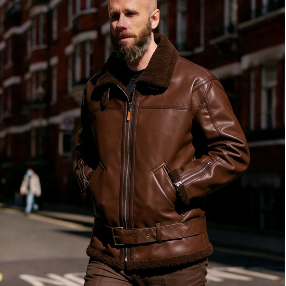 Men's Faux Leather Flight Jacket with Teddy Lining, Zippers and Stand Collar Mune Fashion