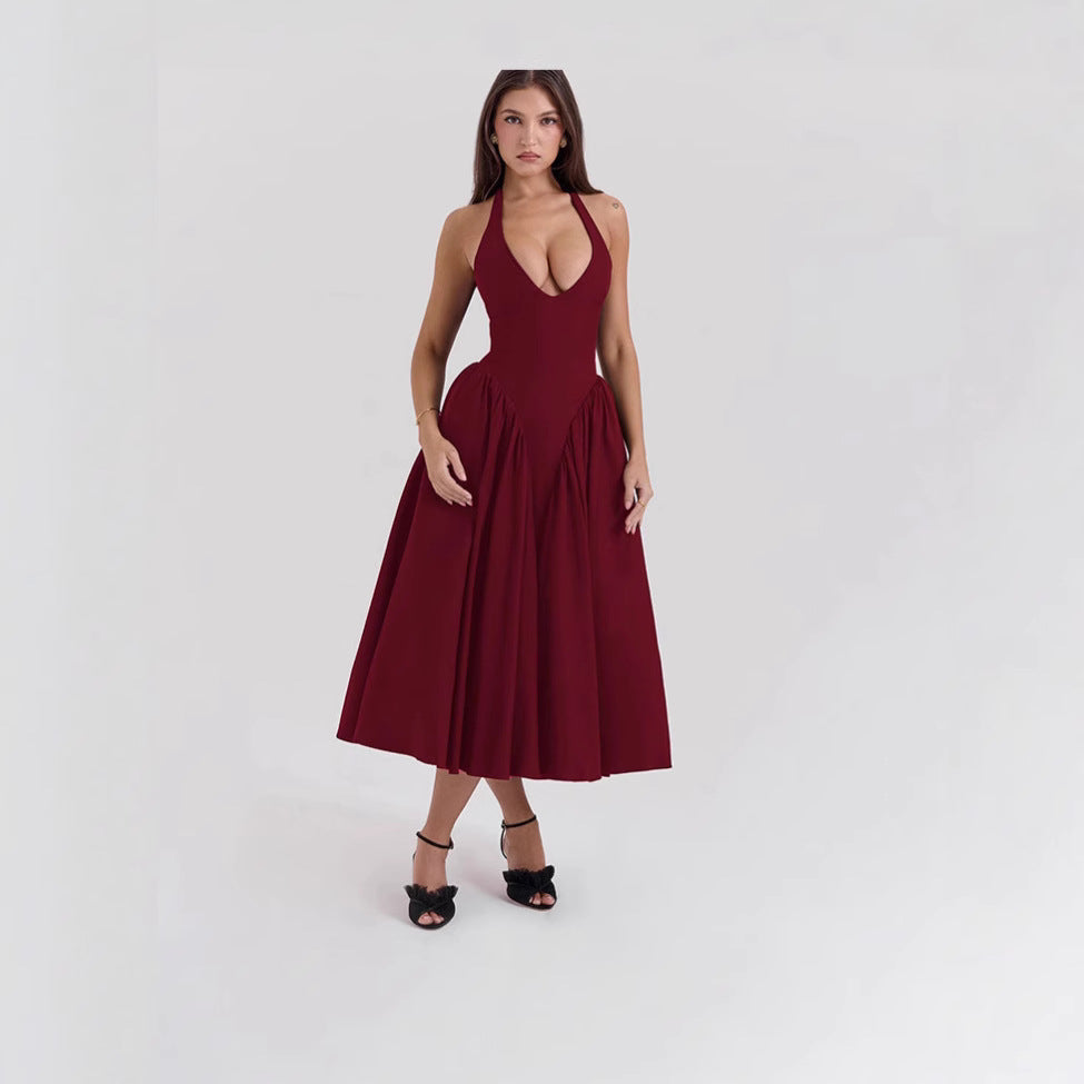 Women's figure-flattering halter bustier midi dress with tailored bodice and wide circle skirt Mune Fashion