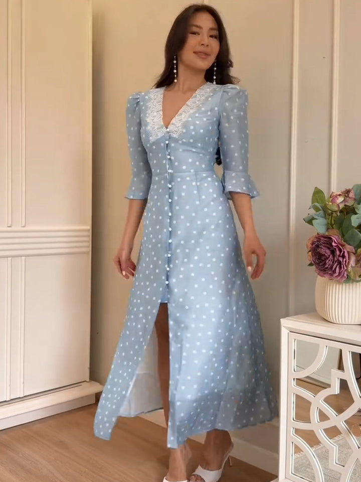 Women's maxi dress with lace V-neck, full button placket and puff sleeves Mune Fashion