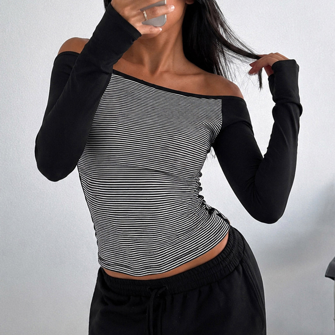 Women's fitted raglan long sleeve shirt with fine striped jersey, narrow waist, and elastic stretch material Mune Fashion