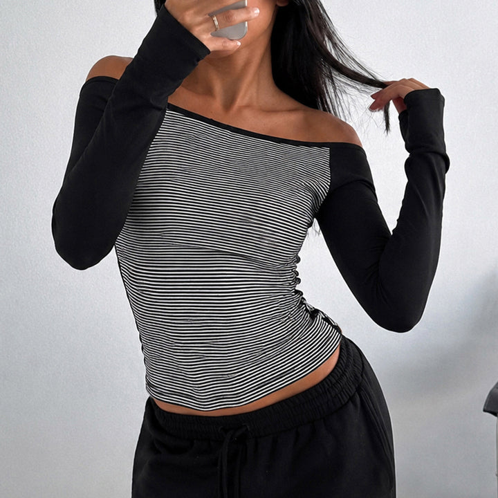 Women's fitted raglan long sleeve shirt with fine striped jersey, narrow waist, and elastic stretch material Mune Fashion
