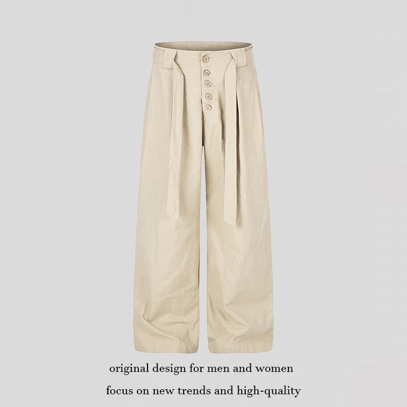 Women's High-Cut Linen Wide-Leg Trousers with Button Placket, Ties and Pleats