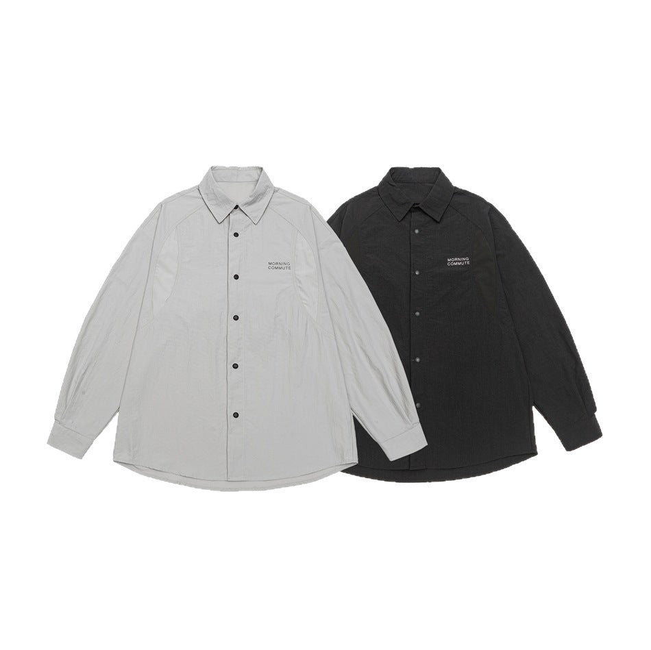 Unisex Relaxed Coach Shirt Jacket with Kent Collar, Snap Button Placket and Minimal Chest Print Mune Fashion