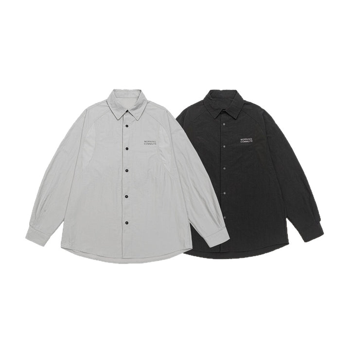 Unisex Relaxed Coach Shirt Jacket with Kent Collar, Snap Button Placket and Minimal Chest Print Mune Fashion