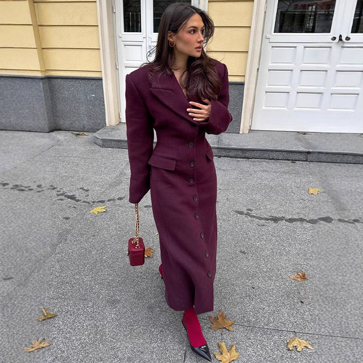 Women's Maxilength Wool Blend Coat with Tailored Cut and Button Placket Mune Fashion