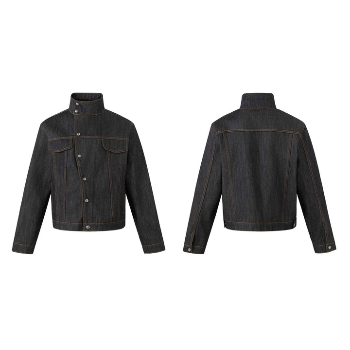 Unisex Short Cut Denim Jacket with High Stand-Up Collar and Decorative Seams Mune Fashion