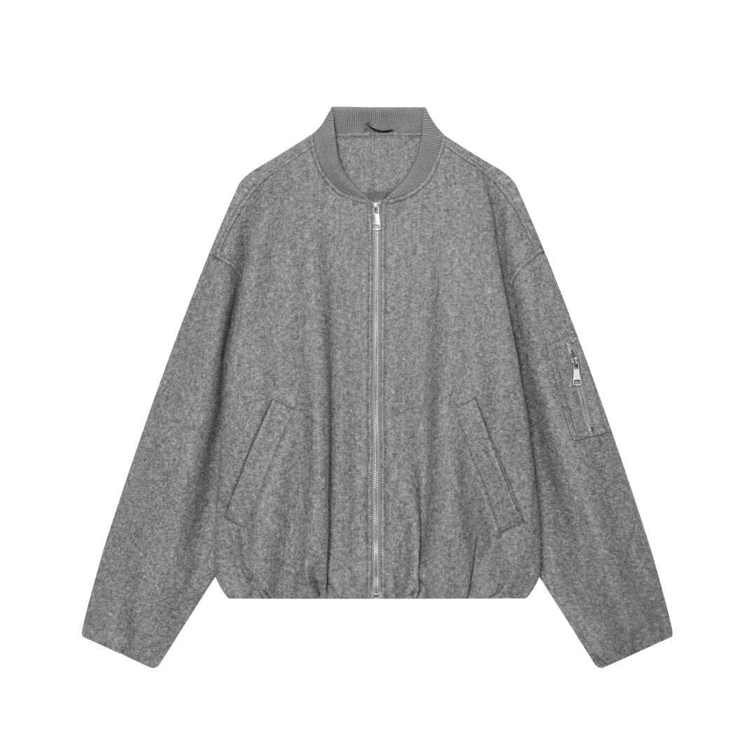 Women's Wool Blend Bomber Jacket in Oversized Boxy Cut with Zipper and Arm Pocket Mune Fashion