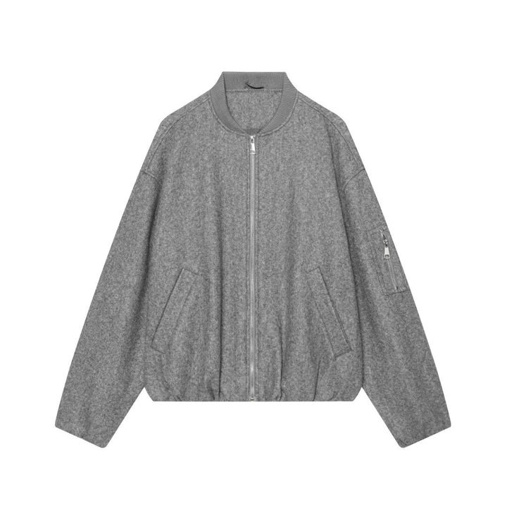 Women's Wool Blend Bomber Jacket in Oversized Boxy Cut with Zipper and Arm Pocket Mune Fashion