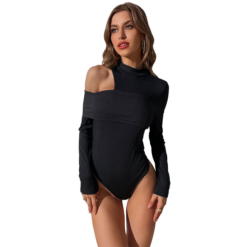 Women's figure-hugging high-cut body with asymmetrical cut-out and standing collar Mune Fashion
