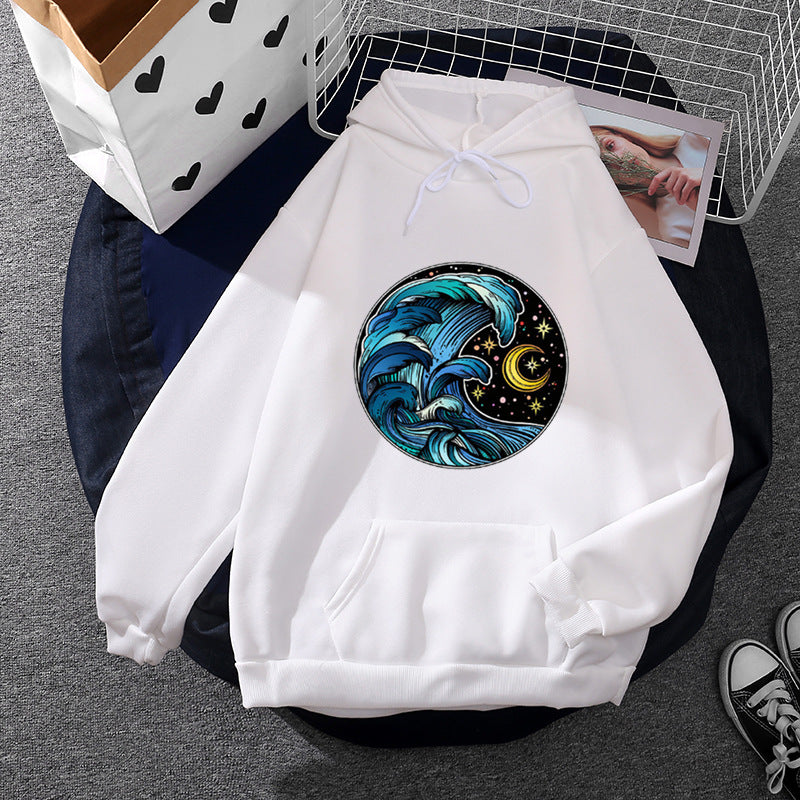 Women's casual hoodie with artistic moon and mushroom design, soft fleece lining, and kangaroo pocket Mune Fashion