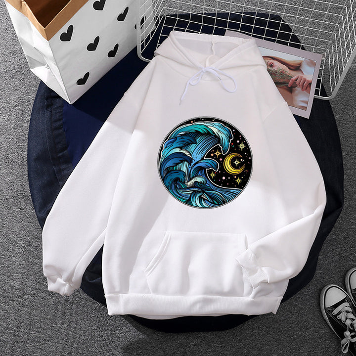 Women's casual hoodie with artistic moon and mushroom design, soft fleece lining, and kangaroo pocket Mune Fashion