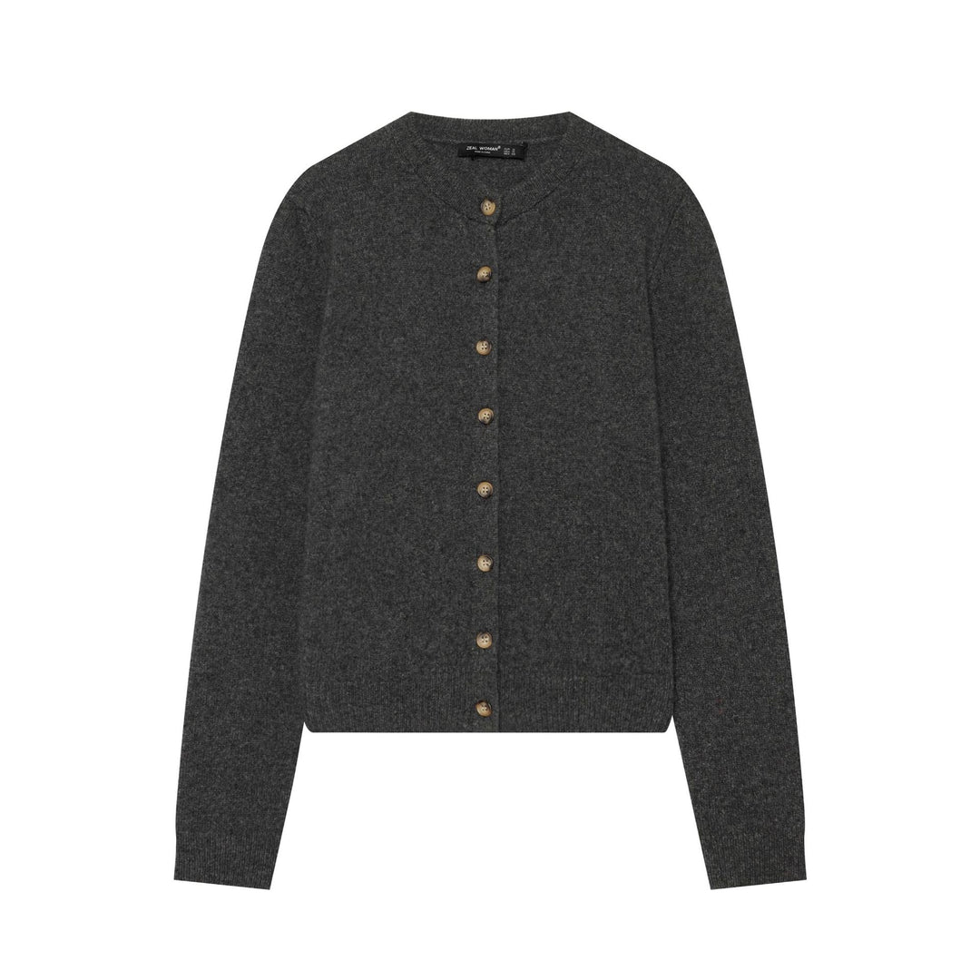 Ladies fine knit cardigan in cropped cut with round neck and wooden button placket Mune Fashion