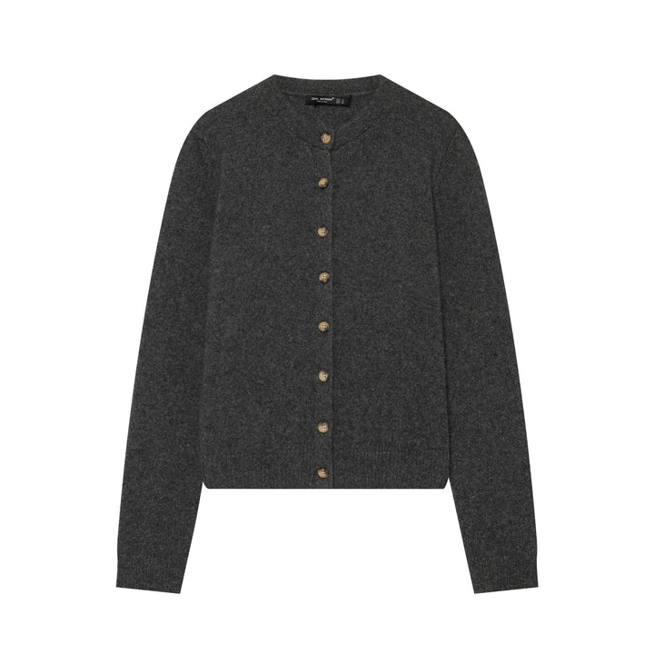Ladies fine knit cardigan in cropped cut with round neck and wooden button placket Mune Fashion