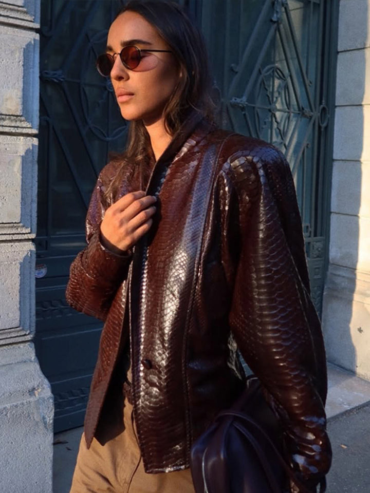 Women's Shiny Snake Pattern Leather Bomber Jacket Mune Fashion