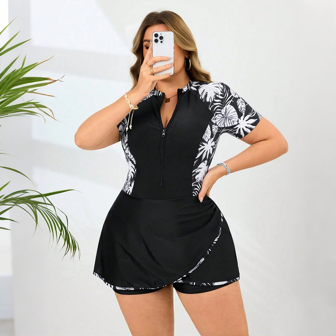 Women's Sporty One-Piece Swimsuit with Skirt and Ruffle Sleeves Mune Fashion
