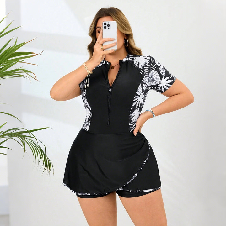 Women's Sporty One-Piece Swimsuit with Skirt and Ruffle Sleeves Mune Fashion