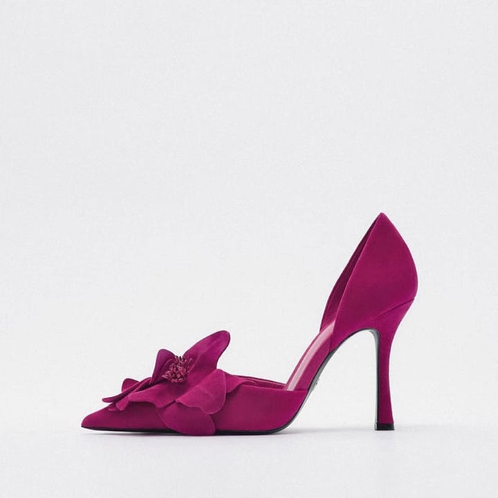 Women's pointed toe evening D'Orsay pumps with handcrafted 3D flower appliqué and sculpted stiletto Mune Fashion