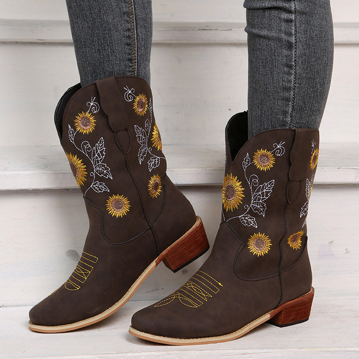 Women Embroidered Western Boots with Sunflower Design and Medium Block Heel Mune Fashion