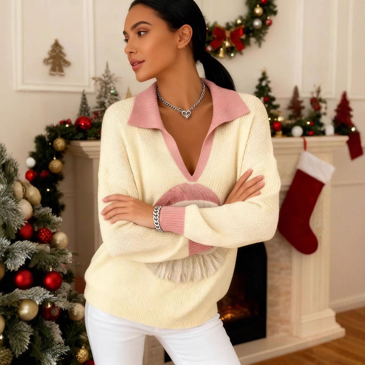 Ladies Soft Knit Sweater with V-Neck, Polo Collar and 3D Christmas Motif Drune