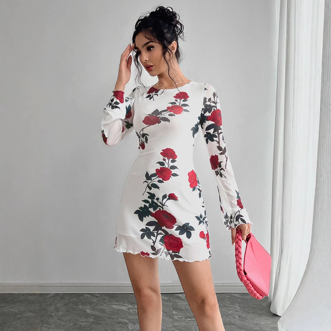 Women's figure-hugging mini dress with rose pattern and trumpet sleeves Mune Fashion