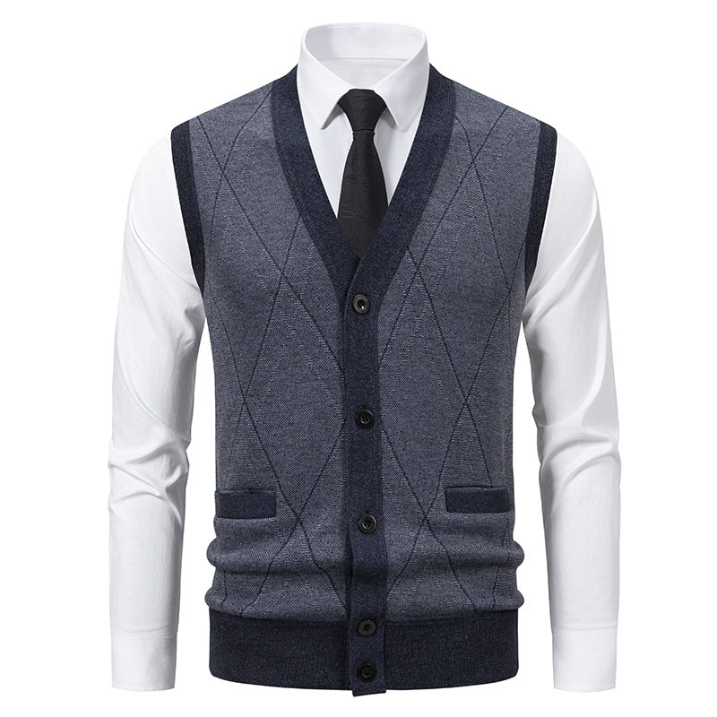 Men's fine-knit vest with V-neck, button placket and diamond pattern Mune Fashion