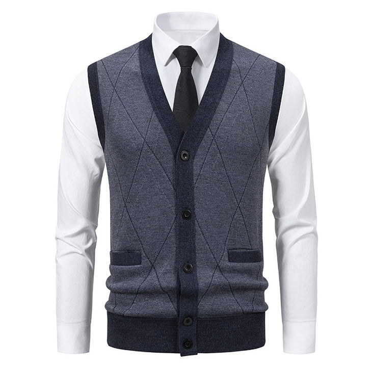 Men's fine-knit vest with V-neck, button placket and diamond pattern Mune Fashion