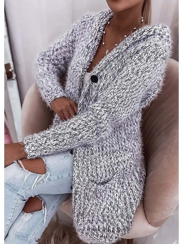Women Longer Mélange Cozy Cardigan with Hood, Horn Button and Pockets Mune Fashion