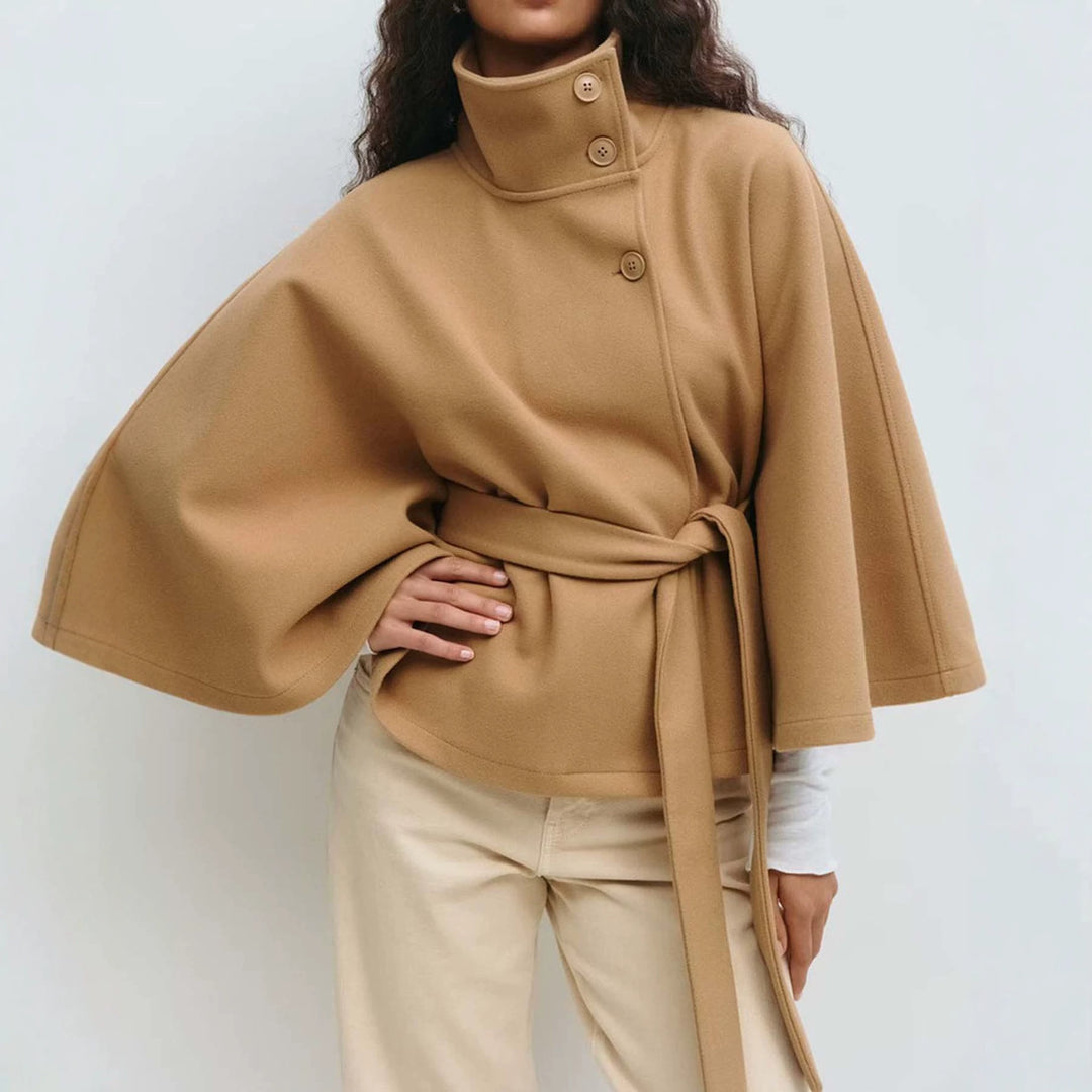 Women's Short Cape Coat with Stand-Up Collar, Oversized Sleeves and Tie Belt Mune Fashion