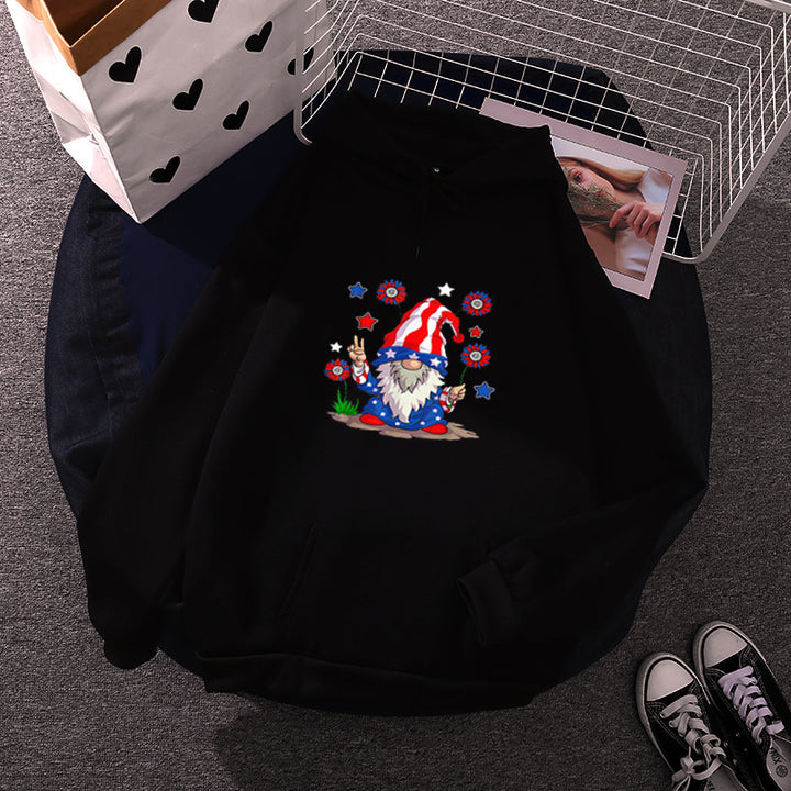 Women's hoodie with patriotic garden gnome print, brushed fleece lining, oversized cut, and kangaroo pocket Mune Fashion