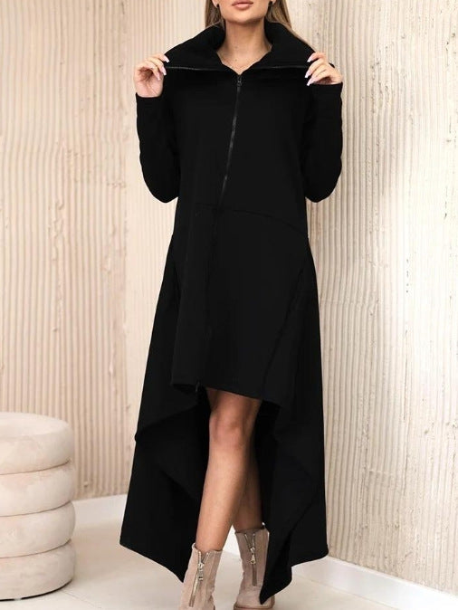 Women's nan asymmetrical sweatshirt dress with high stand-up collar, full-length zipper and extended back hem Mune Fashion