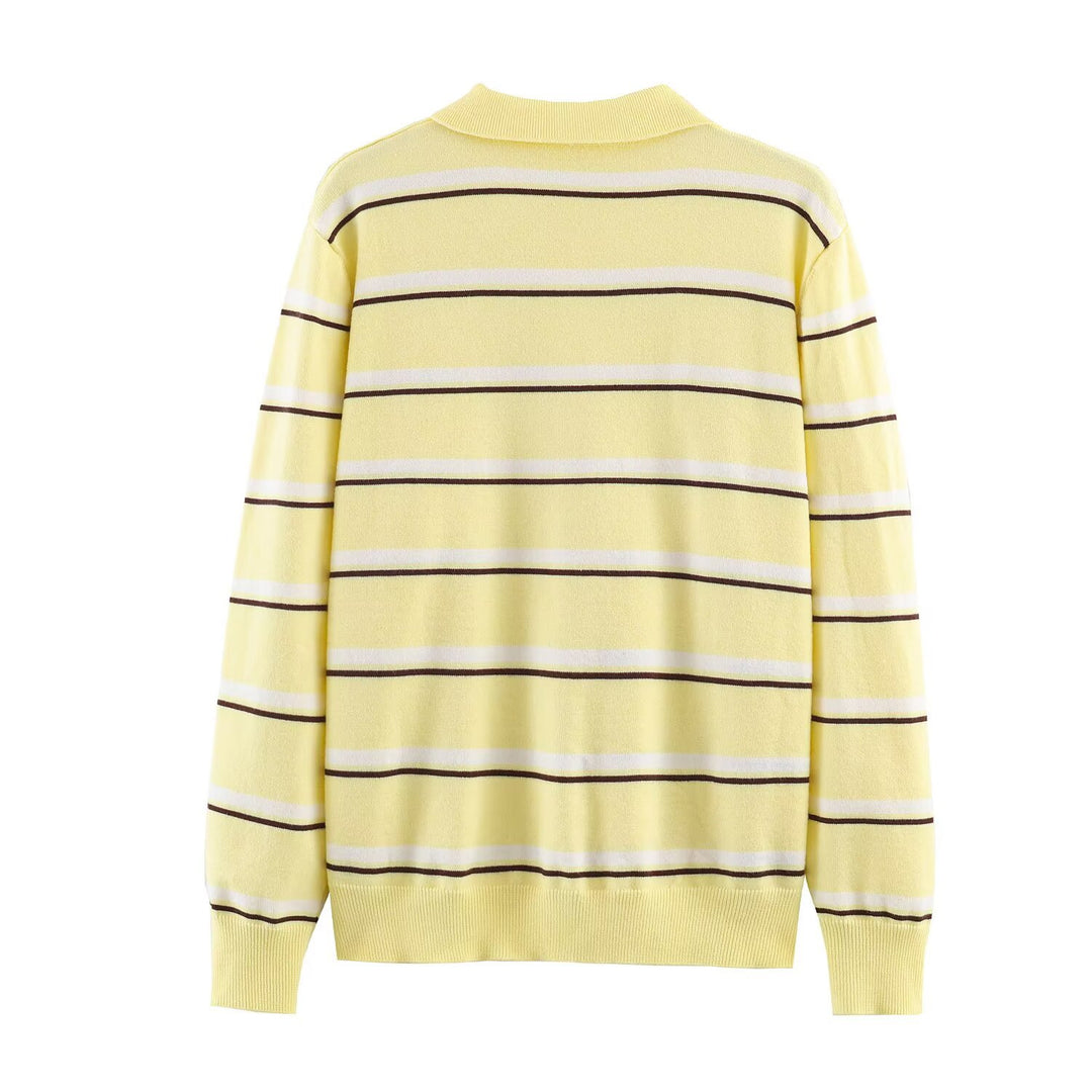 Women's striped fine knit polo sweater with button placket, ribbed cuffs, and light wool blend Mune Fashion