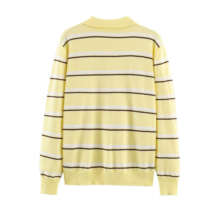 Women's striped fine knit polo sweater with button placket, ribbed cuffs, and light wool blend Mune Fashion