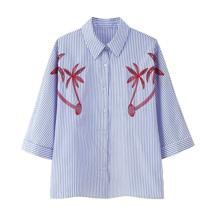 Women Oversized Shirt Blouse with Pinstripes, Palm Embroidery and Three-Quarter Sleeves Mune Fashion