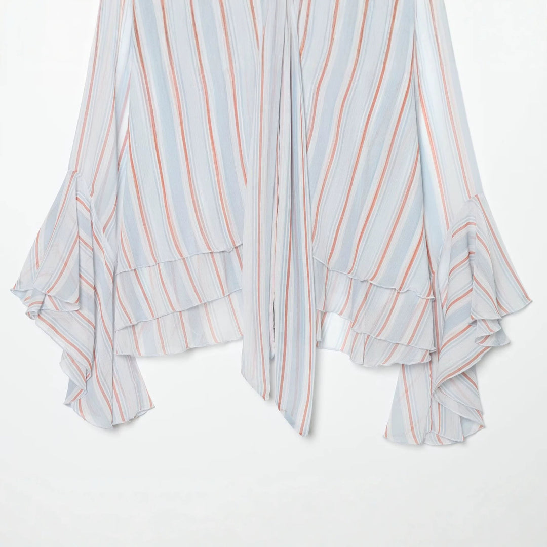 Women's Lightweight Chiffon Blouse with Bow, Ruffle Hem and Flared Bell Sleeves Mune Fashion